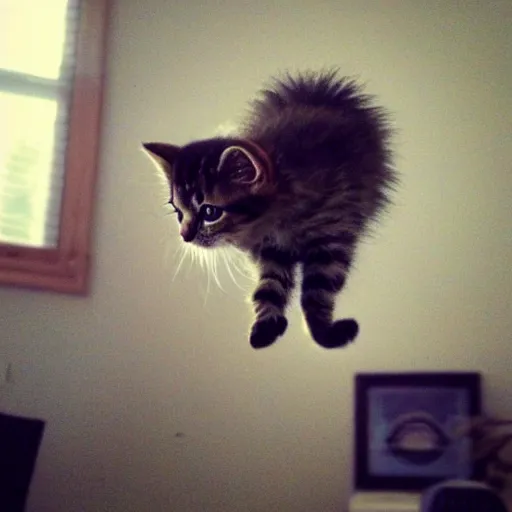 Prompt: the cutest kitten in the world flying through the air