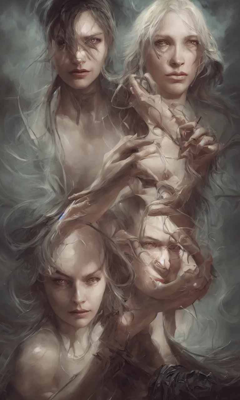 Prompt: a collaboration portrait painting between Charlie Bowater and Gerald Brom, horror, 3d, 4k oil on linen by wlop, artgerm, andrei riabovitchev, nuri iyem, james gurney, james jean, greg rutkowski, highly detailed, soft lighting 8k resolution