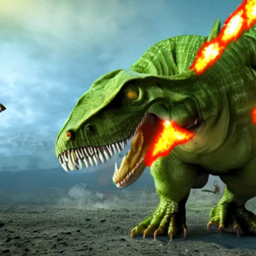 Image similar to a man punching a tyrannosaurus rex causing a nuclear explosion, 3 d, dynamic lighting, vivid imagery