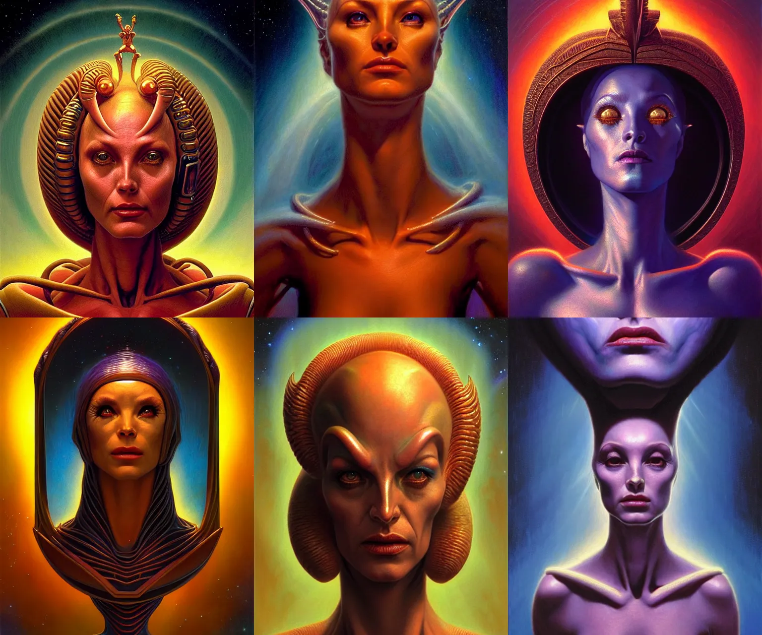 Prompt: cinematic bust portrait of elegant female extraterrestial queen, head and chest only, exotic alien features, Tim Hildebrandt, Wayne Barlowe, Bruce Pennington, donato giancola, brian froud, oil on canvas, masterpiece, trending on artstation, featured on pixiv, cinematic composition, dramatic pose, beautiful lighting, sharp, details, hyper-detailed, big lips, HD, HDR, 4K, 8K
