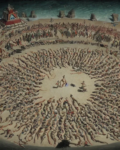 Image similar to the gigantic unconscious body of lemuel gulliver lies on a beach surrounded by hundreds of tiny lilliputians, some standing on him. gulliver is being tied to the beach with hundreds of robes being held down by the lilliputians, the scene is cinematic and hyperreal