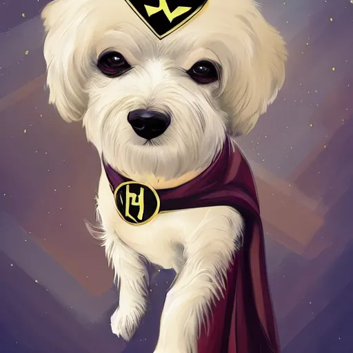 Prompt: cream colored havanese dog with a superhero cape and mask, tight shot, futuristic city, dusk, highly coherent, saga comic, graphic novel, fiona staples