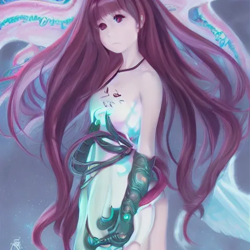 Prompt: portrait of the cthulhu with wings and tentacles but as a cute anime girl, by rossdraws, wlop