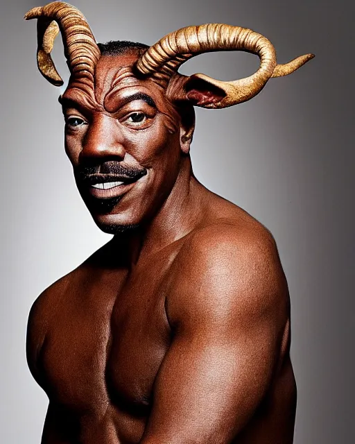 Prompt: actor Eddie Murphy in Elaborate Pan Satyr Goat Man Makeup and prosthetics designed by Rick Baker, Hyperreal, head shots in the style of Annie Leibovitz