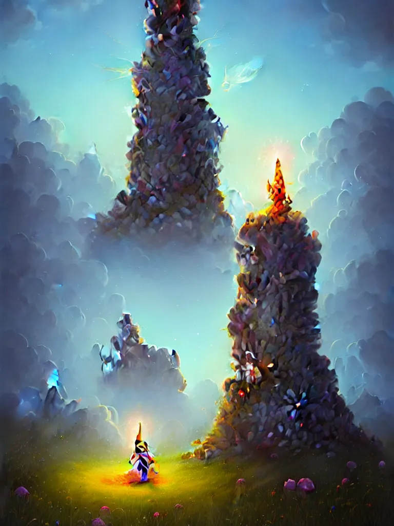 Prompt: a wizard\'s tower in a meadow filled with ruins by Peter Mohrbacher, blue fireball, sunny, flowers