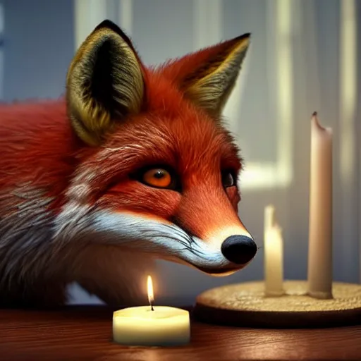 Image similar to a beautiful hyper realistic ultra detailed lifelike matte painting of a fox in front of a candle, unreal engine, deviantart, flickr, artstation, octane render, textured, colorful, extreme realistic detail, physically based rendering, pbr render, very detailed, volumetric lighting, detailed lighting, octane render, 4 k, cinematic lighting, 8 k resolution