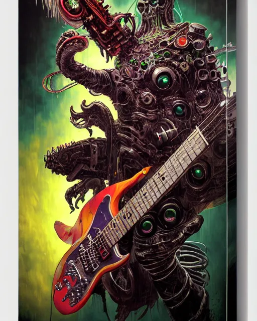 Prompt: a portrait of an anthropomorphic cyberpunk cthulhu shredding an electric guitar by sandra chevrier, by jon foster, detailed render, tape deck, epic composition, cybernetics, 4 k realistic, cryengine, realistic shaded lighting, sharp focus, masterpiece, by enki bilal