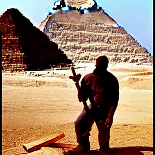 Image similar to a man cutting wood in front of egypt pyramids, painted by drew struzan