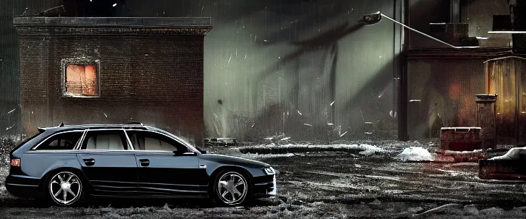 Image similar to Audi A4 B6 Avant (2002), a gritty neo-noir, dramatic lighting, cinematic, eerie person, death, homicide, homicide in the snow, viscera splattered, gunshots, bullet holes, establishing shot, extremely high detail, cracked windows, photorealistic, arson, makeshift grave, cinematic lighting, artstation, by simon stalenhag, Max Payne (PC) (2001) winter New York at night, In the style of Max Payne 1 graphic novel, flashing lights, Poets of the Fall - Late Goodbye