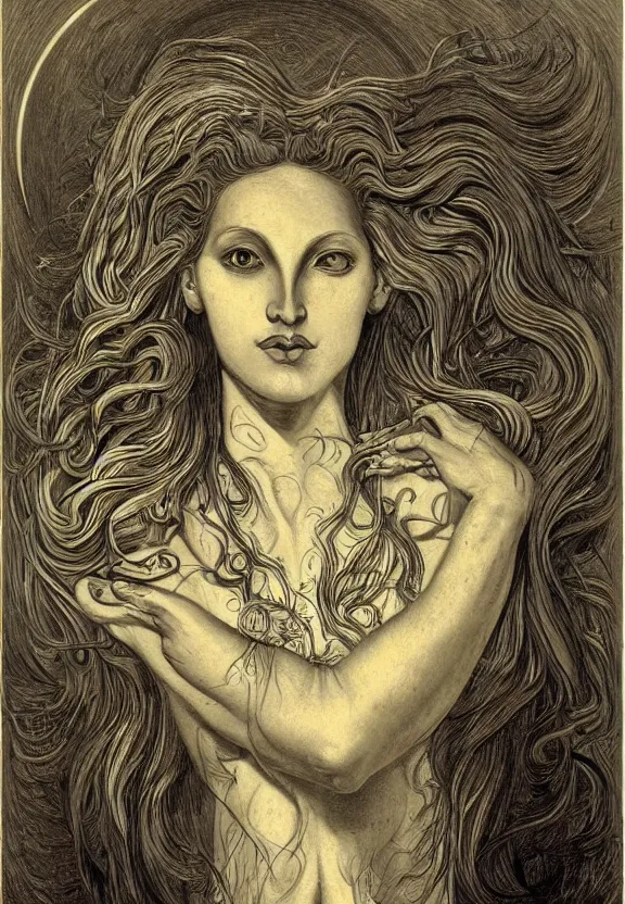 Prompt: perfectly centered portrait front view of a beautiful biomechanical moon goddess, flowing hair, intense stare, sweet sarcastic smile, symmetrical, concept art, intricate detail, volumetric shadows and lighting, realistic oil painting by pablo picasso, gustave dore,