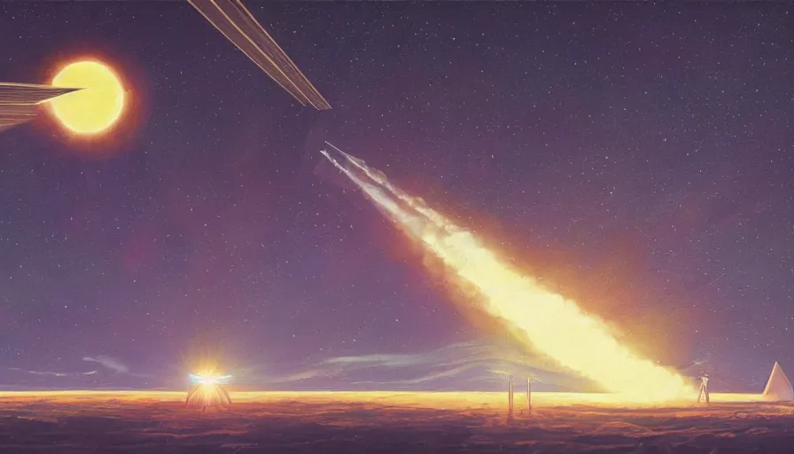 Prompt: solar sail traveling through space to the sun, seen from earth, simon stalenhag