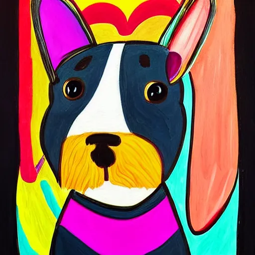 Image similar to a cute dog. the painting is very colorful and expressive, using a lot of black space which makes the characters and scenes pop out. unique way of using line work and color to create a sense of movement and energy. has a dreamlike quality and includes elements of nature.