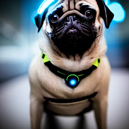 Prompt: a photo of a pug in cyberpunk gear, futuristic.