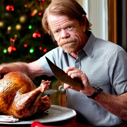 Prompt: William H Macy carving a turkey with a knife during Christmas