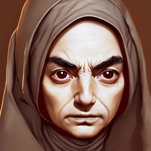 Image similar to mr. bean female, jedi master, wearing the traditional jedi robe, beautiful and uniquely odd looking, detailed symmetrical close up portrait, intricate complexity, in the style of artgerm and ilya kuvshinov, magic the gathering, star wars art