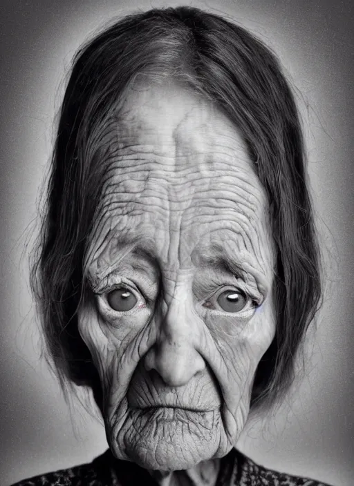 Image similar to an old woman with a weird look on her face, a surrealist painting by Martin Schoeller, shutterstock contest winner, pop surrealism, angelic photograph, stock photo, photoillustration