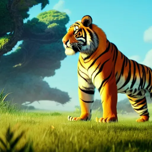 Prompt: a wholesome animation key shot of a tiger fighting a lion, studio ghibli, pixar and disney animation, sharp, rendered in unreal engine 5, anime key art by greg rutkowski, bloom, dramatic lighting