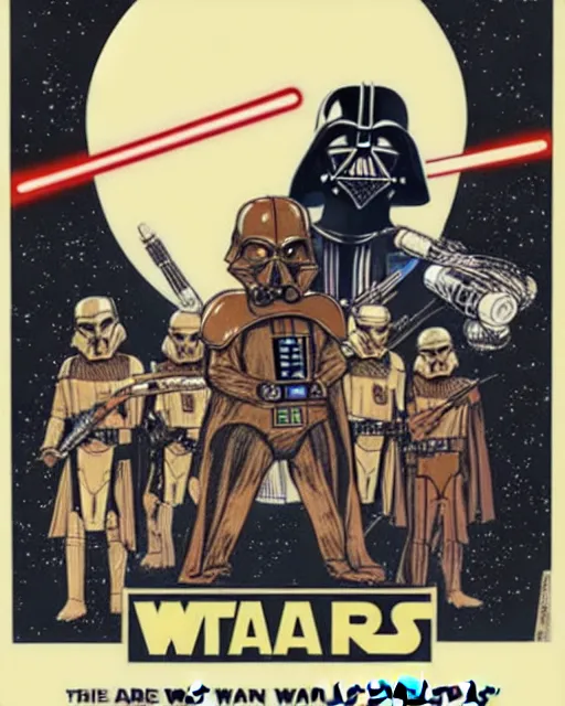 Prompt: vintage star wars movie poster by tom jung, with pugs droids and a darth vader helmet that looks like a pug face