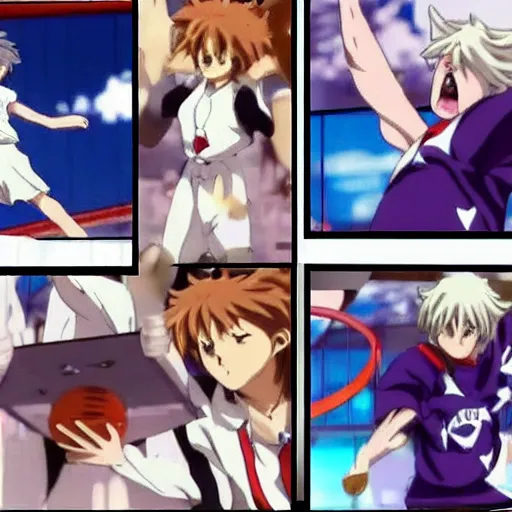 Image similar to a cat dunking a basketball, screenshots from miyazake anime movie