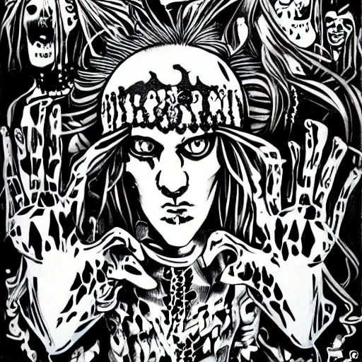 Image similar to maximalist white zombie ablumn art