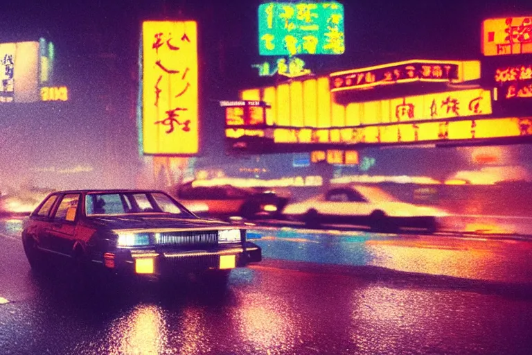 Image similar to a 1 9 8 5 fairmont speeding down tokyo highway in the rain, night time, neon lights, thunderstorm, movie still from the movie bladerunner 2 0 4 9