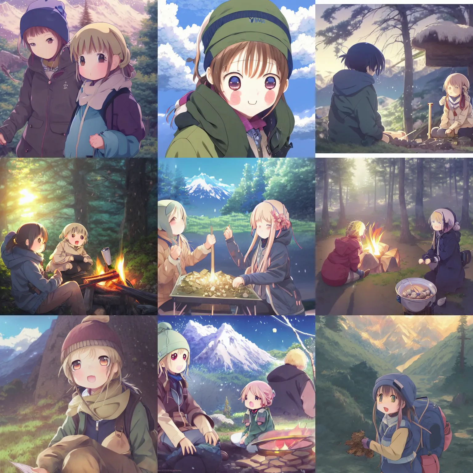 Image similar to anime yuru camp yama no susume cute girls around campfire trending on artstation hyperdetailed shining eyes cute moe Insanely detailed faces Unreal Engine 4k 8k ultra HD illustration digital pixiv concept art Award Winning manga cover by Stanley Artgerm Lau, WLOP, Rossdraws, James Jean, Andrei Riabovitchev, Marc Simonetti, and Sakimichan