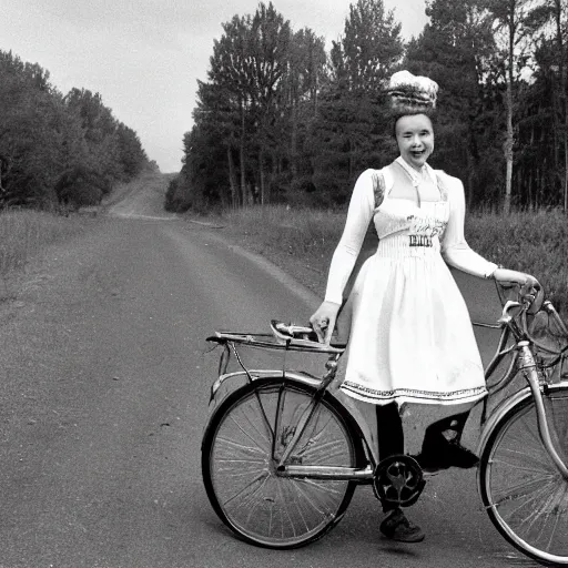 Image similar to a shy young woman is seen riding her bicycle while posing for a photograph in the 1 9 9 0 s on a rural road. she's dressed in a vintage alpine dirndl, a wool cardigan, brogue - style shoes, and bobby socks.