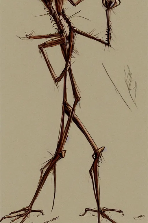 Image similar to antropromorphic stick insect, stick insect standing and talking like a human being, fantasy concept art, drawing by Don Bluth