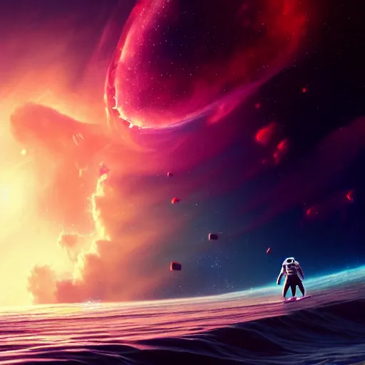 Image similar to centered portrait of the Astronaut surfing on a nebula, realistic concept, light atmosphere, golden ratio, wide shot, cinematic lighting, hyperdetailed, high detailed, high resolution, insanely detailed and intricate, artstation, Marc Simonetti, Greg Rutkowski, octane render, unreal engine, 8k