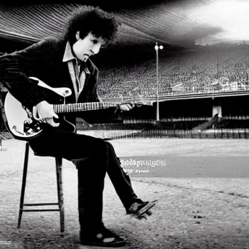 Image similar to bob dylan riding his motorcycle playing with his guitar in the fullham football club stadium, 4 k, high detail