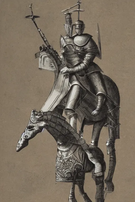 Prompt: a photo of a medieval knight in armor riding a giraffe