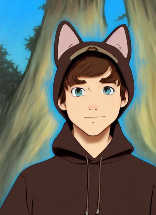 Image similar to teen boy with brown hair and big blue eyes, wearing a black hoodie with cat ears on top of it, natural lighting, path traced, highly detailed, high quality, cartoon, digital painting, by don bluth and ross tran and studio ghibli and alphonse mucha