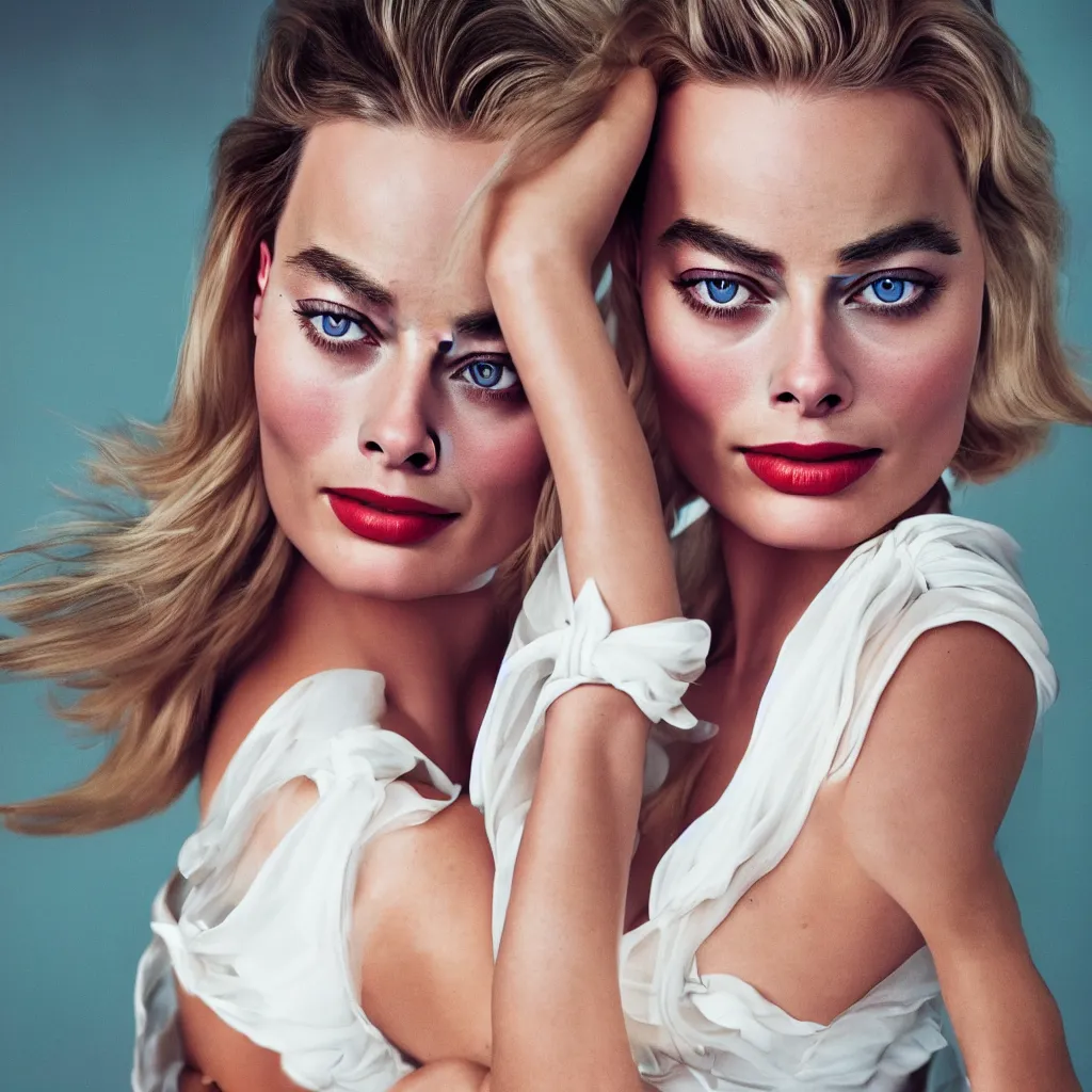 Prompt: a close up portrait photography of Margot Robbie dress in white in style of Vogue Magazine, Caravaggio lighting, drammatic colors scheme, fine art photography, dramatic background,