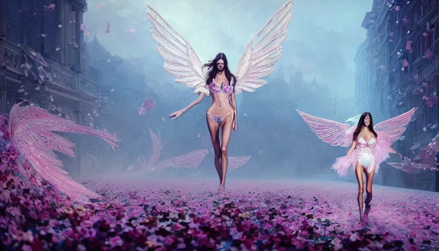 Prompt: victoria secret runway show, light, shadows, reflections, flowers, wings, epic composition, intricate, elegant, volumetric lighting, digital painting, highly detailed, artstation, sharp focus, illustration, concept art, ruan jia, wlop, steve mccurry, artgerm, mina petrovic, timothy kong, marina federovna