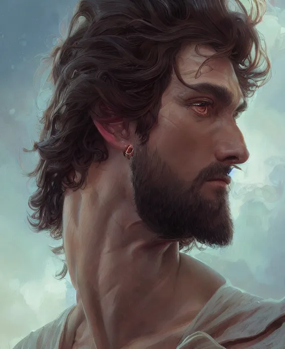 Image similar to portrait close up of guy, concentrated look, symmetry, with an explosion on the back, d & d, fantasy, intricate, elegant, highly detailed, digital painting, artstation, concept art, art by artgerm and greg rutkowski and alphonse mucha, boris vallejo