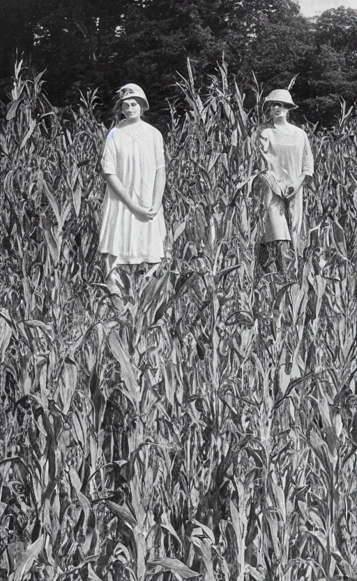 Prompt: the image is a lost 1 9 2 0 s photograph of people posing by cornfield. vibrant cinematography, anamorphic lenses, crisp, detailed image in 4 k resolution. 3 5 mm,