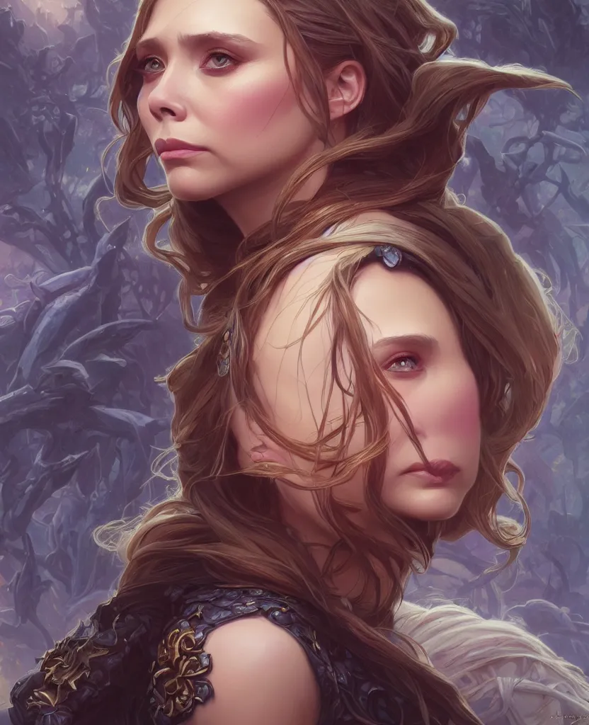 Image similar to Elizabeth Olsen, closeup, D&D, fantasy, intricate, elegant, highly detailed, digital painting, artstation, concept art, matte, sharp focus, illustration, hearthstone, art by Artgerm and Greg Rutkowski and Alphonse Mucha