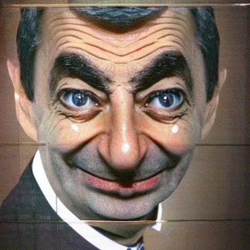 Prompt: photo of mr. bean made out of baked beans