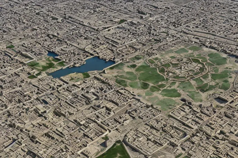 Prompt: living sumerian city, city aerial overview