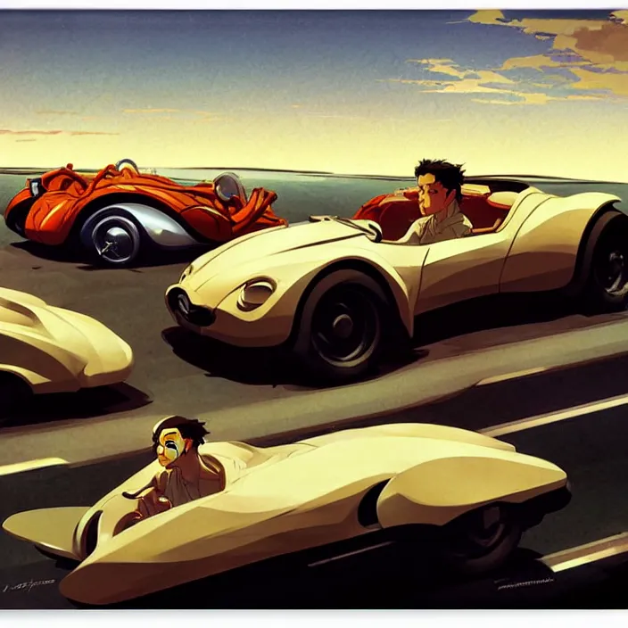 Image similar to fast car on highway, in the style of studio ghibli, j. c. leyendecker, greg rutkowski, artem