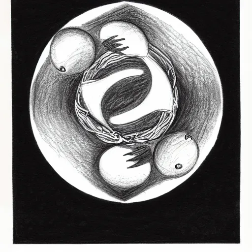 Prompt: a drawing of a pregnant woman giving birth to emerging yin - yang daoist symbol emerging from womb, black and white detailed pencil drawing dao