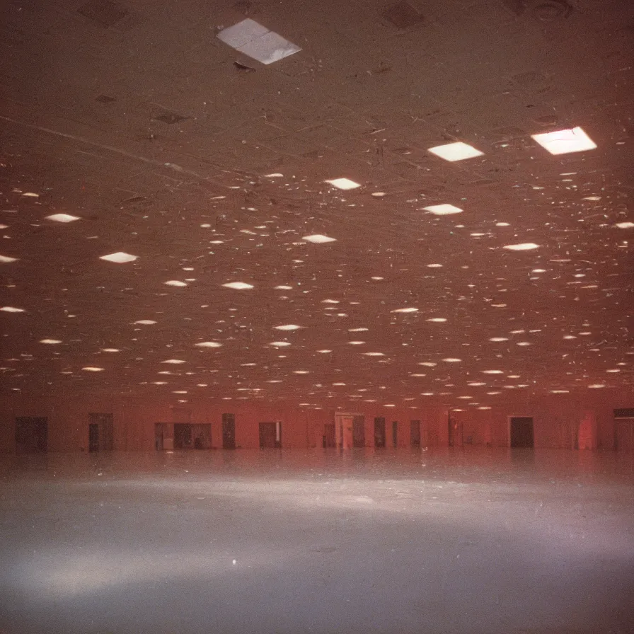 Image similar to 7 0 s movie still of an empty soviet ballroom flooded with hand, cinestill 8 0 0 t 3 5 mm, heavy grain, high quality, high detail