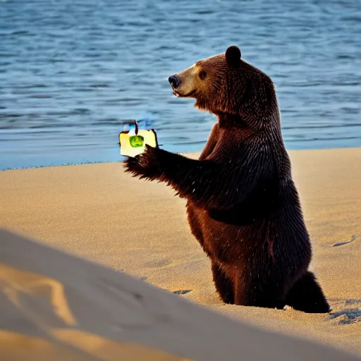 Prompt: national geographic photograph of a bear eating an apple, on the beach