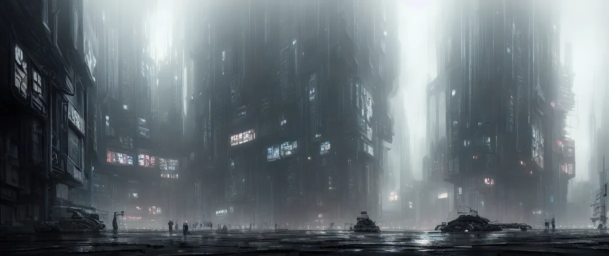 Image similar to dystopian cyberpunk world, with doors everywhere, grey sky, monochrome except doors, concept art, matte painting, high detail, buildings made of doors, large scale, digital painting, style of jordan grimmer, high res