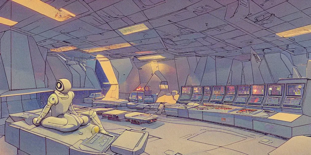 Image similar to a meditating robot in a space ship control room, holograms and displays, detailed art on walls, by moebius, 8 k, masterpiece of retro futurism, stunning composition