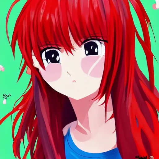 Image similar to A cute anime girl with red hair in the style of Sam Does Art.