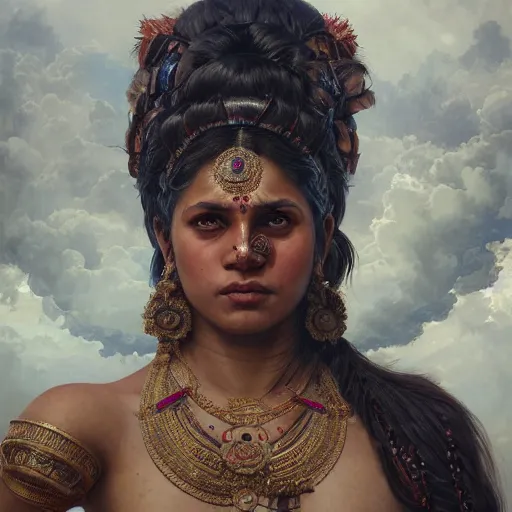 Image similar to wide portrait painting of a oiled muscular bloodied indian goddess, ultra realistic, concept art, intricate details, eerie, highly detailed, photorealistic, octane render, 8 k, unreal engine. art by artgerm and greg rutkowski and alphonse mucha