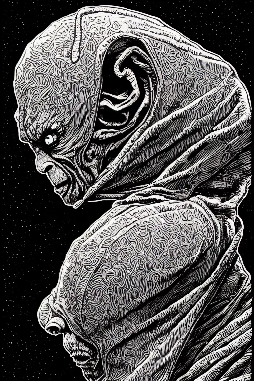 Prompt: a vibrant! sideview waist up portrait of mysterious gollum wearing black cape hoodie by laurie greasley and josan gonzalez and geof darrow, etching by gustave dore, colorful flat surreal ethereal, intricate, sharp focus, illustration, highly detailed, digital painting, concept art, masterpiece