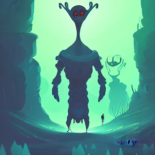 Prompt: an illustration of a alien in the darkness woods, trending on artstation, central composition, very cartoon, shape focus, high detailed, by anton fadeev