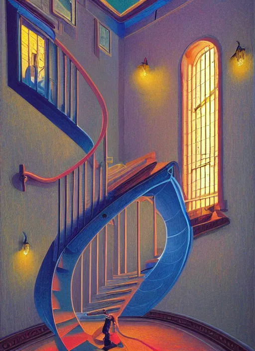 Prompt: the staircase at powell's, vintage shapes, retro technology, happy colors. rob gonsalves, oil on canvas, deep depth field, masterpiece, cinematic composition, hyperdetailed